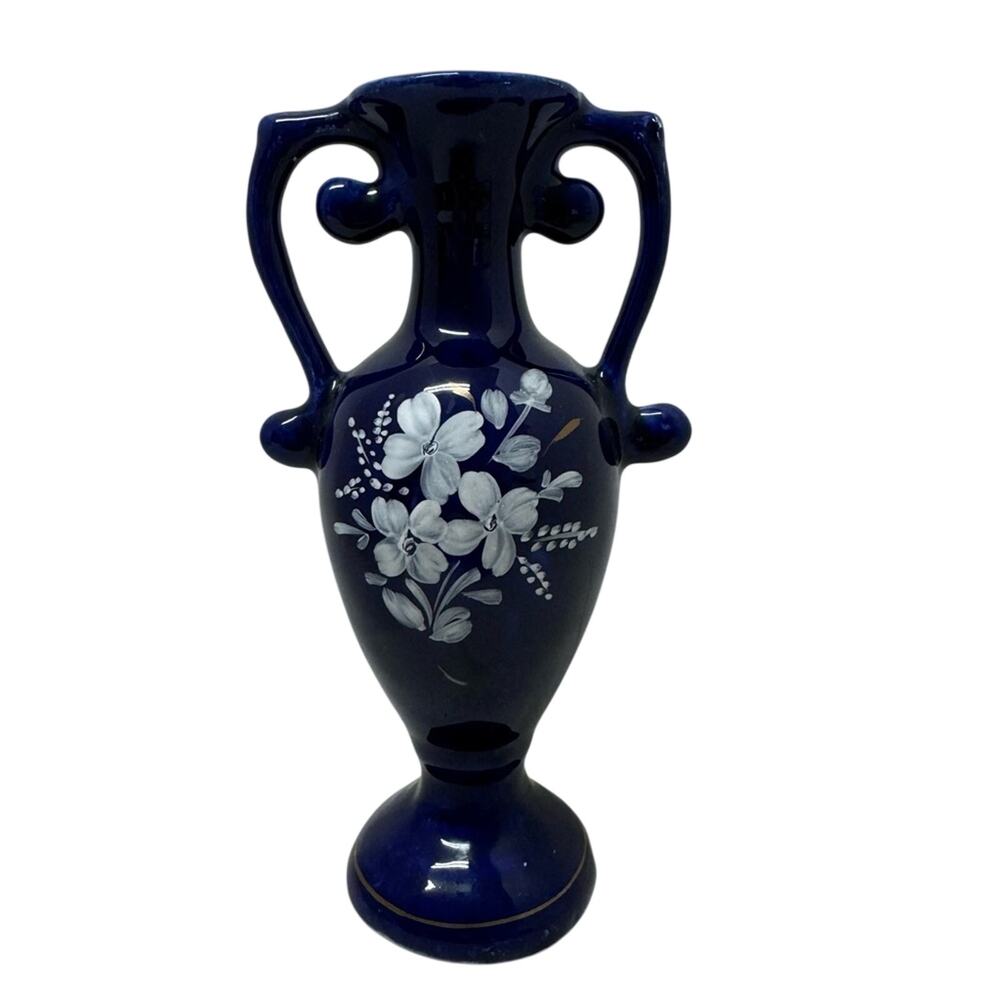 Vintage Blue Hand Painted Floral Vase Small With Handles Unmarked - Picture 1 of 6